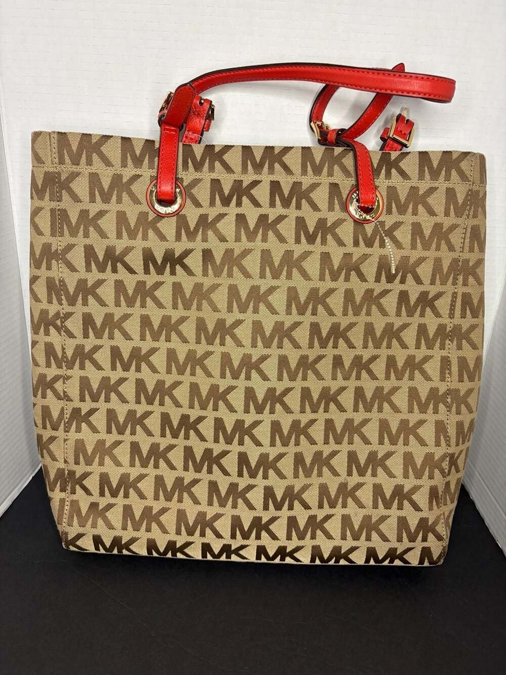 Michael Kors Signature Logo Canvas Tote Bag with Red Leather Trim